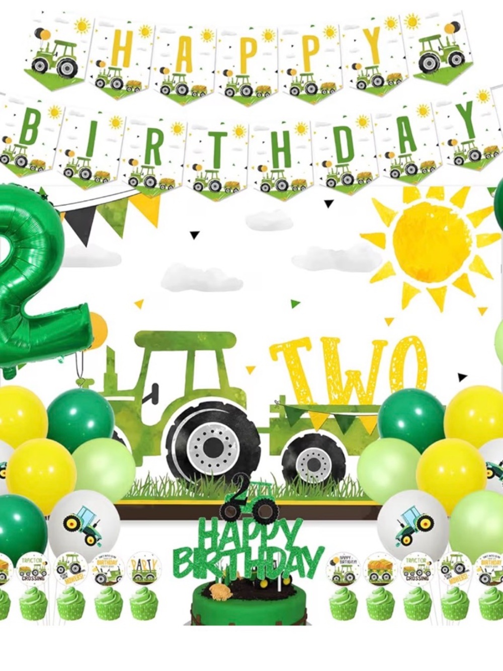 Green Tractor Two Happy Birthday Party Kit - Farm Theme
